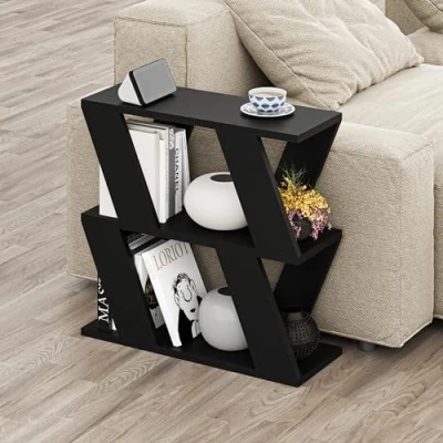 Image of HOCUS PICUS Hocuspicus Narrow Side Table with 2 Storage Shelf Tier Slim End Modern Design Sofa Living Room, Office Many Colour Options 60x22x57cm (Black)