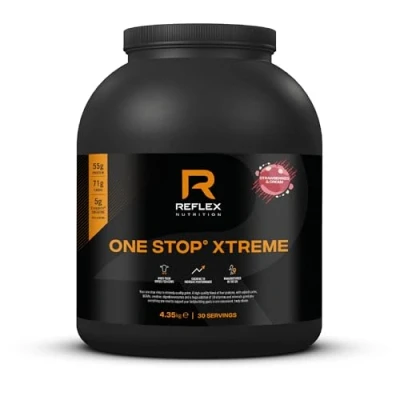 Image of Reflex Nutrition One Stop® Xtreme Serious Mass Gainer All in Protein Powder 55g Protein, 10.3g BCAAs, 5,000mg Creatine Muscle Building Shake (Strawberries &amp; Cream, 4.35kg)