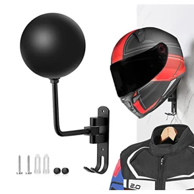 Image of motofans Helmet stand, Rotation Metal Holder Wall Mount, Bike with 2 Hooks Hanger for motorbike, Caps, Baseballs, Rugby (Black,1PCS)