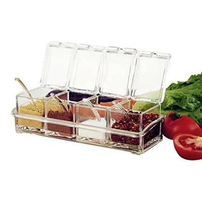 Image of Crystal Seasoning Acrylic Spice Dispenser Jar Cruet Kitchen Salt Box Storage Container Condiment Jars with Cover Spoon Utensils Supplies 4Pcs Set