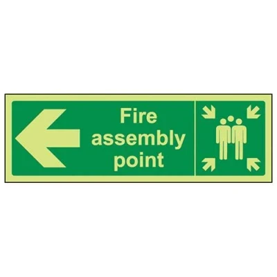 Image of VSafety 17021BP G Fire Assembly Point Sign, Arrow Left, Plastic, Landscape, 600 mm x 200 mm, Green