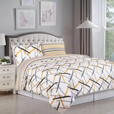 Image of YORKSHIRE Bedding Super King Duvet Cover Sets Reversible Printed Set Brushed Microfiber Hypoallergenic Quilt with 2 Pillow Cases, (260 x 220 cm), Ochre Stripe