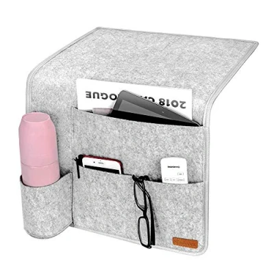 Image of SIMBOOM Felt Bedside Storage Pocket Anti slip with Water Bottle Holder, Hanging Organizer Bag for Bottle, Phone, iPad, Magazines, Remotes Dark Grey