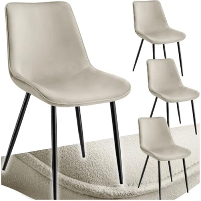 Image of TecTake® Velvet Accent Chair for Dining Room or Bedroom, Soft Touch Padding with Sturdy Black Steel Legs and Height Adjustable Non Slip Plastic Feet, Easy to Assemble Chairs Set cream, 4