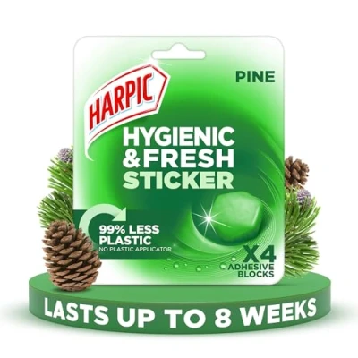 Image of Harpic Hygienic Fresh Sticker Adhesive Toilet Block, Pine, Pack 1 x 4 Stickers, Freshener, No Plastic Applicator, Up to 8 weeks of Freshness