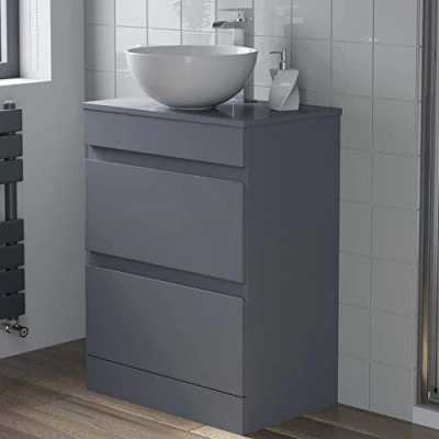 Image of Artis 600mm Bathroom Vanity Unit Countertop Round Basin Floor Standing Gloss Grey