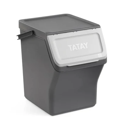 Image of TATAY Modular and stackable garbage bin. 20L capacity. Polypropylene. Colored lid with hinged opening. Wide front Carrying handle. Anthracite grey color. Measures 36x35x27cm.