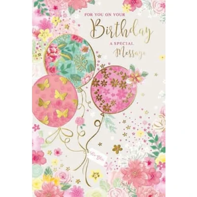 Image of Open Female Birthday Card Pink Green Balloons Flowers &amp; Butterflies 7.75x5.25&quot;