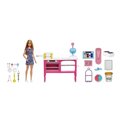 Image of Barbie Doll and Accessories, “Malibu 18 Pastry Making Pieces Including Sculpting Dough Molds, It Takes Two Café Playset, HJY19