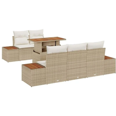 Image of vidaXL 6 Piece Garden Dining Set with Cushions Beige Poly Rattan Acacia