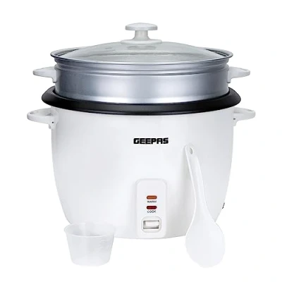 Image of Geepas 350W Rice Cooker &amp; Steamer with Keep Warm Function, 0.6L Automatic Cooking, Non Stick Inner Pot Make Steam Healthy Vegetables Includes Measuring Cup, Spatula Power Cord