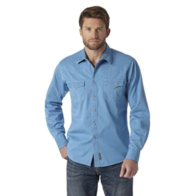 Image of Wrangler Men&#039;s Retro Two Pocket Long Sleeve Snap Shirt, Bright Blue, XL Tall