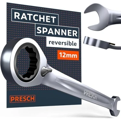 Image of PRESCH Ratchet Spanner Reversible 12mm Minimal Return Angle (4, 90 Teeth) 15 Offset for Tight Spaces Precision Milled, Durable Ring Metric Wrench