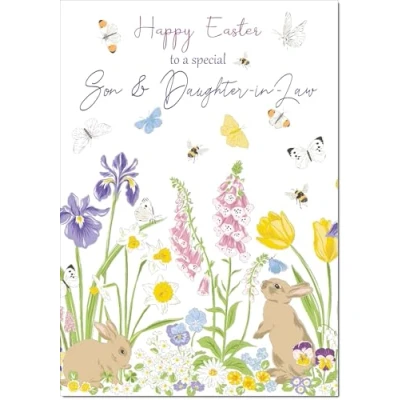 Image of doodlecards Son &amp; Daughter in Law Easter Card Spring Flowers with Bunnies Medium Size Plain Envelope