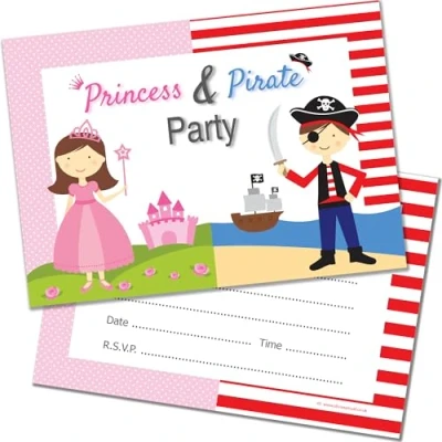 Image of Olivia Samuel 20 x Princess &amp; Pirate Birthday Party Invitations from Kids Fancy Dress Invites A6 Postcard Size with envelopes