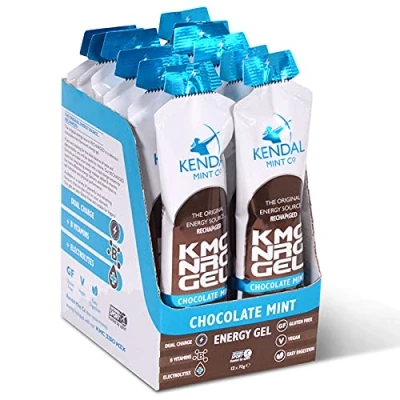 Image of Kendal Mint Co Energy Gels, Quick Release &amp; Long Lasting Chocolate Flavour (12 x 70g) Caffeine Free, 27g Carbs, Electrolytes, B Vitamins, for Running, Cycling, Hiking, Vegan Gluten Free