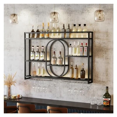 Image of AKOGG Wall Mounted Wine Rack With LED Light,Metal Floating Shelves Featuring Hanging Glass Holder,Liquor Bottle Display Shelf,Large Capacity Storage,For Bar,Wine Cellar,Kitchen Decor,Black/Gold (