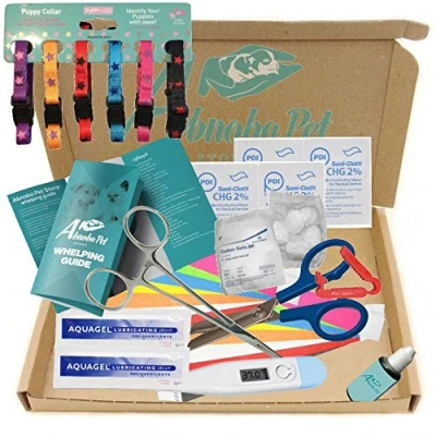 Image of Abnoba Pet Store Alpha Dog Mini Whelping Kit Forceps Iodine Hem &amp; Boo puppy Collars, birthing supplies,