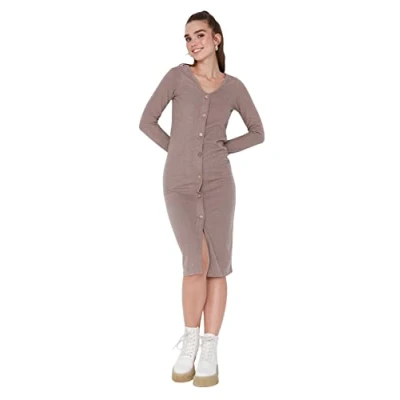 Image of Trendyol Women Midi Bodycon Fitted Knit Dress Beige