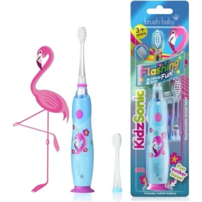 Image of Brush Baby KidzSonic Toddler and Kid Electric Toothbrush for Ages 3+ Years Disco Lights, Gentle Vibration, Smart Timer Provide a Fun Brushing Experience Flamingo