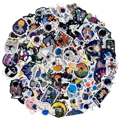 Image of 100 Space Stickers, Glitter Astronaut Galaxy Vinyl Decals for Laptop Skateboard Suitcase Water Bottle MacBook Bike