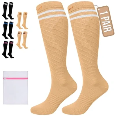 Image of 360 RELIEF 1 Pair Compression Socks for Women Men, 15 20 mmHg Supports Blood Circulation, Travel Flight Socks, Varicose Veins, Pregnancy Stockings L/XL, Beige with 2 White lines + Laundry Bag