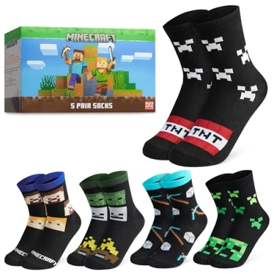 Image of Minecraft Boys Calf Length Socks, Soft Breathable Creeper Everyday Sports School Socks Multipack Gifts for Gamers (Black, 12.5 3.5 UK)