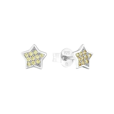 Image of Amor stud earrings 925 sterling silver girl children earrings, with cubic zirconia synth, 0.6 cm, silver, star, Comes in jewelry gift box, 2036531