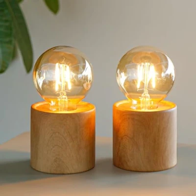 Image of JHY DESIGN Set of 2 Wood Grain Table Lamp 16.5cm Tall Ceramic Cordless Light with Edisonstyle Bulb and 6 Hours Timer Battery Operated Lantern Great for Living Room Weddings Parties Indoors Outdoors