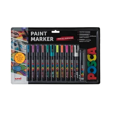Image of POSCA Pens PC 5M Acrylic Felt Tip Metallic and Neon Permanent Paint Markers for Adults Kids. Perfect Colouring, Fabric, Graffiti, Watercolour, Outline Drawing, Window Glass Art. 12 Pack