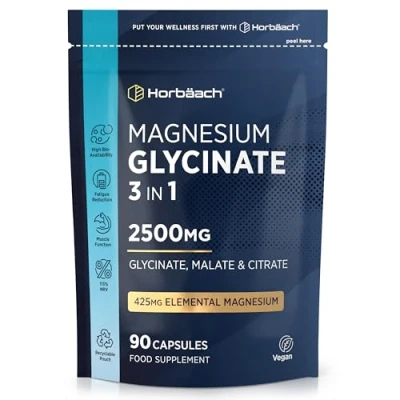 Image of Magnesium Glycinate Supplements 2500mg 3 in 1 Complex 523mg Elemental Bisglycinate, Malate &amp; Citrate Triple Blend 90 Vegan Capsules by Horbaach