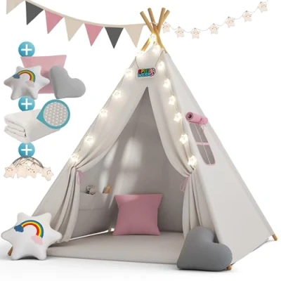 Image of Spielwerk® Kids Teepee Play Tent 130x130x160cm Children&#039;s Playhouse with Fairylight Light Chain 2.5cm Thick Mat 3 Cushions Cotton Carrying Bag Child&#039;s Toy Room Diamond Pink