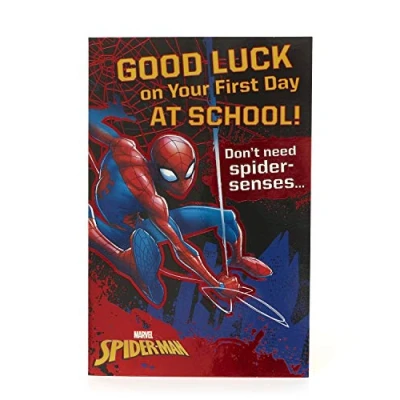 Image of UK Greetings Good Luck School Card for Kids First Day of Spiderman at Boys Ideal to Send with New Gifts