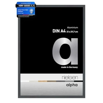 Image of nielsen Alpha Photo Frame A4, 21x29.7cm Aluminium Picture Frame, Dark Grey with Protective Float Glass and Push Turn Clips Glossy