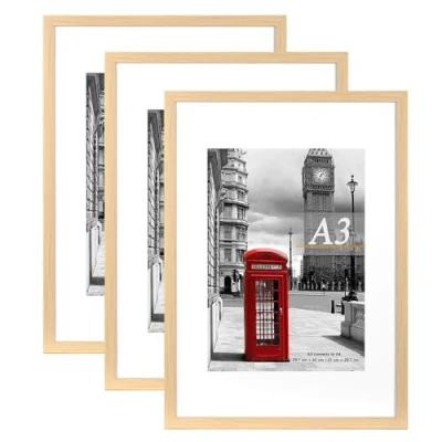 Image of Scholar Tree Natural Photo Frame Picture Frames, A3 with Mat for A4 Mount Picture, Set of 3, Wall Mountable