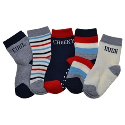 Image of 5 pairs of Logo &amp; Stripe Baby Boys socks with Grippers