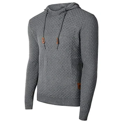 Image of Genfien Men&#039;s Casual Long Sleeve Funnel Neck Plaid Jacquard Pullover Thick Knitted Sports Hooded Sweatshirt Grey