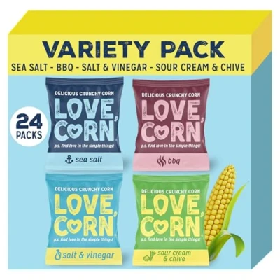 Image of LOVE CORN Variety Pack (6x Sea Salt, 6x BBQ, Salt &amp; Vinegar, Sour Cream Chive 20g) Healthy Snacks Ideal for Gluten Free Vegan Diets Low Sugar Alternative Crisps and Mixed Nuts