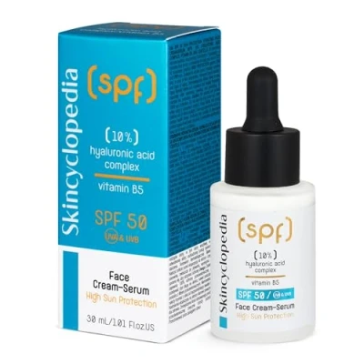 Image of Skincyclopedia SPF 50 Face Moisturiser Sunscreen with 10% Hyaluronic Acid Complex Ground breaking Sun Cream Serum for Very High UV Protection and Concentrated Hydration, 30ml