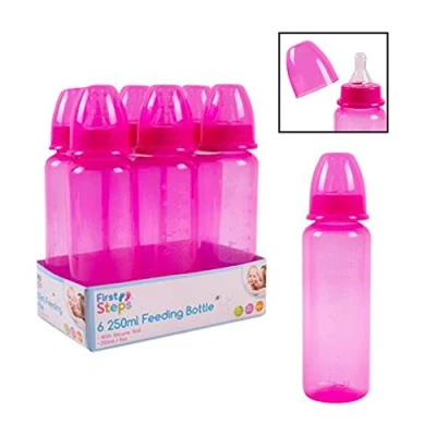 Image of Pack of 6 Baby Bottles Set Silicone Teat Pink 250ml BPA Free Re usable Plastic