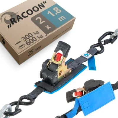 Image of valonic RACOON retractable ratchet straps with hook 300 Kg, 1.8m, 2 pack, protection pad, 25mm, black tie down for motorcycle, motorbike