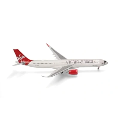 Image of Herpa airplane model Virgin Atlantic Airbus A330 900neo on a scale of 1:200, plastic miniature with pedastal, building, collectors edition