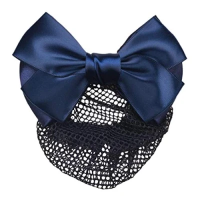 Image of Bowknot Hair Clip With Hairnet Snood Net Bun Cover Bow Barrette Clip(Blue)