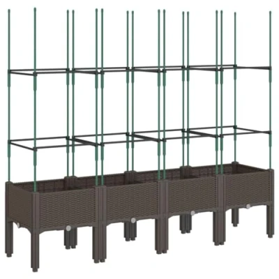 Image of vidaXL Brown Rattan Look Garden Planter Box with Trellis Durable Polypropylene Outdoor Plant Pot for Patio/Terrace