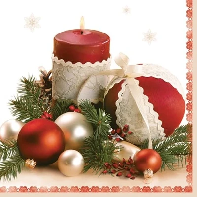 Image of 3 Ply Xmas Decoupage Tissue Paper Napkins Decorative Christmas Serviettes 33cm x Pack of 20 (Claret Candle &amp; Glass Baubles)