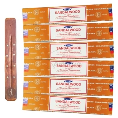 Image of Satya Nag Champa Sandalwood incense sticks x6 pack with SAMASIA holder Used for Aromatherapy, Spa, Yoga, Weddings, Meditation, Healing, Positivity and Relaxation