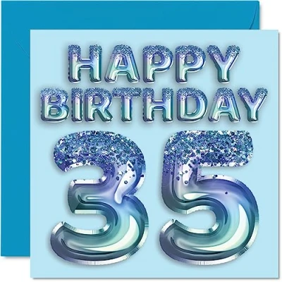 Image of 35th Birthday Card for Men Blue Glitter Party Balloon Happy Cards 35 Year Old Man Brother Friend Uncle Dad, 145mm x Thirty Five Fifth Bday Greeting Gift