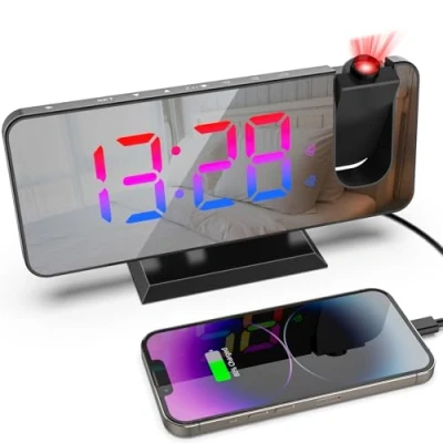 Image of 321Wasay LED Projection Clock, Projector Alarm Clock for Bedroom, Digital Clocks Bedside Electronic Smart Bedrooms (black with USB cable)