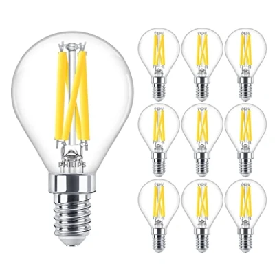 Image of Philips 10 Pack Classic LED Clear Filament Golf Ball P45 DimTone Lamp 3.4W (40W) E14 SES Small Edison Screw 2200k to 2700k 470 Lumen 15000 Hours Car Air Freshener Included 90+ CRI