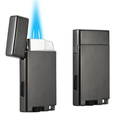 Image of Bbsisgo 2 Pack Double Jet Flame Lighter, Adjustable and Refillable Gas Lighter with Keyhole, Windproof Pocket Butane Torch Sold without Fuel.(Grey)